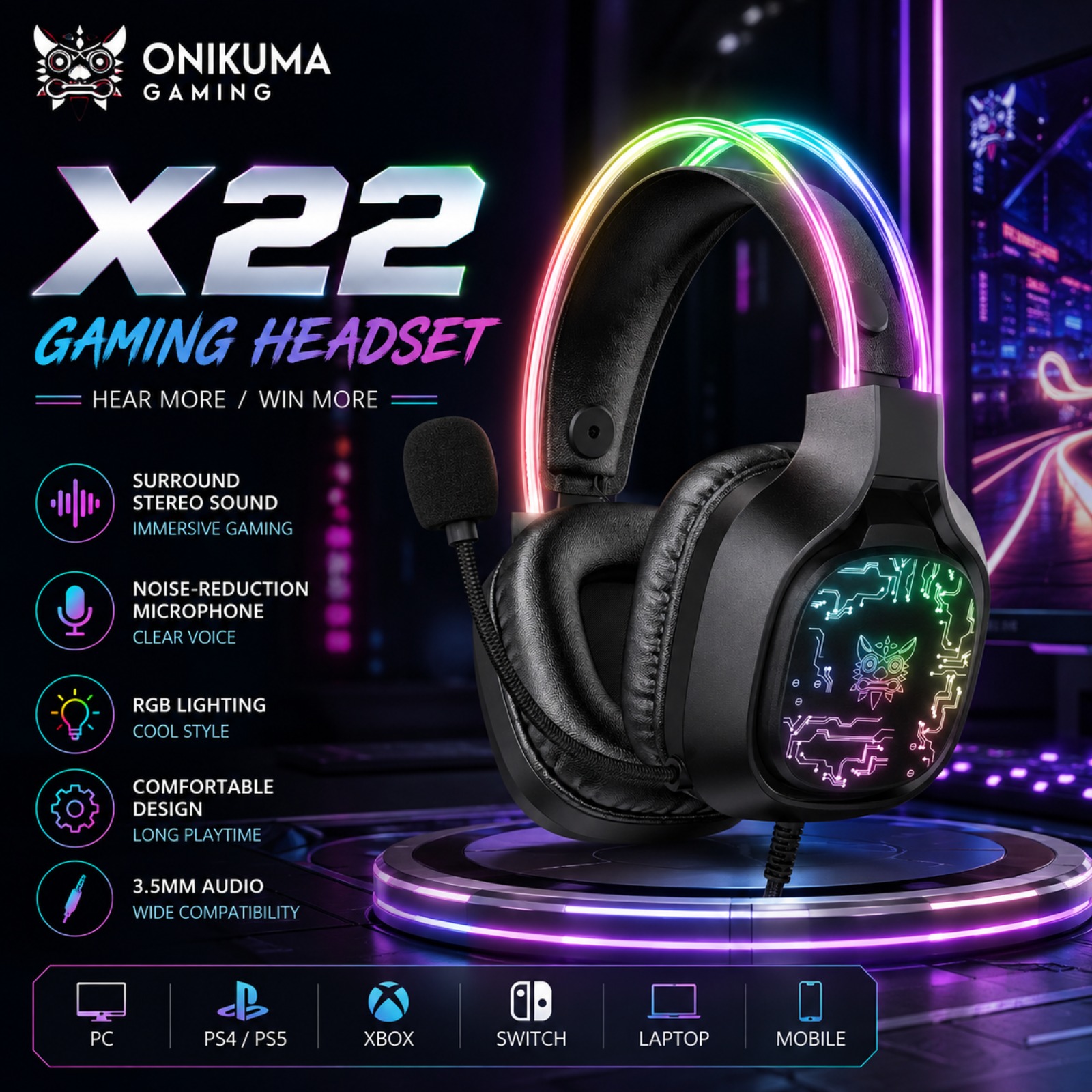 Gaming Headset Rgb - Игровая проводная гарнитура ONIKUMA X22 с